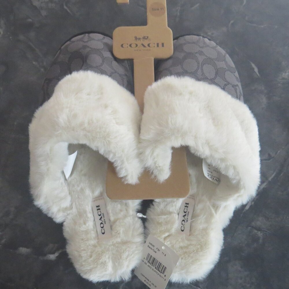 Coach Signature Jacquard Faux Fur Slippers – Black/Grey – Size 11 – New (B2)
